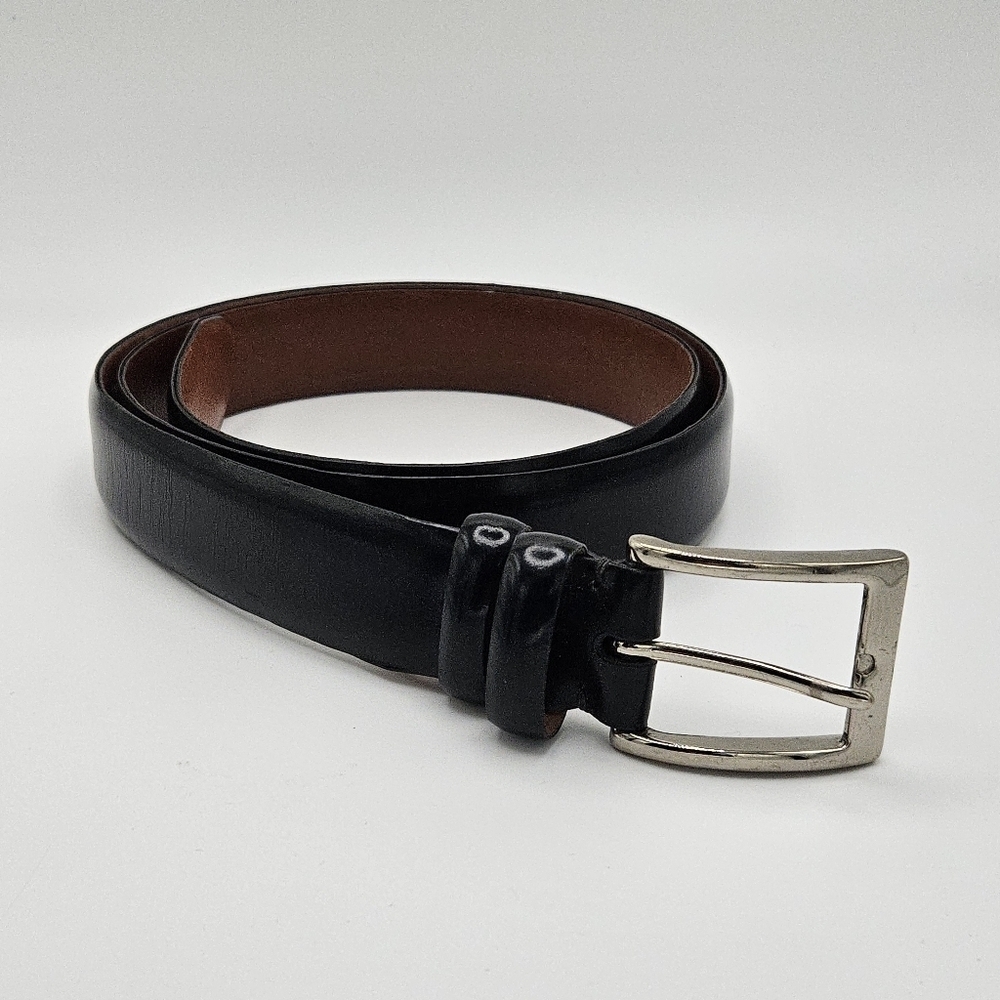 Cole Haan black leather belt with square silver tone buckle size 38